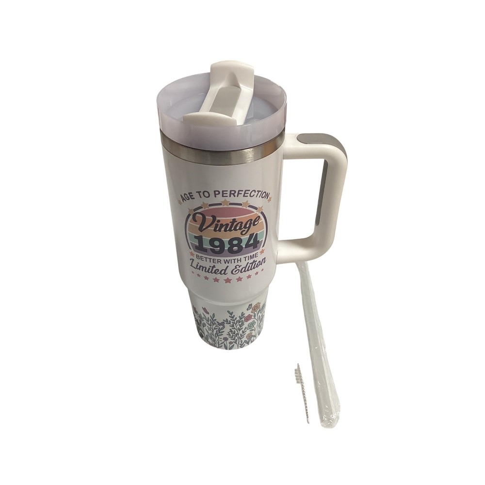 Vintage 1984 Birthday Tumbler with Handle Lid & Straw Age to Perfection
